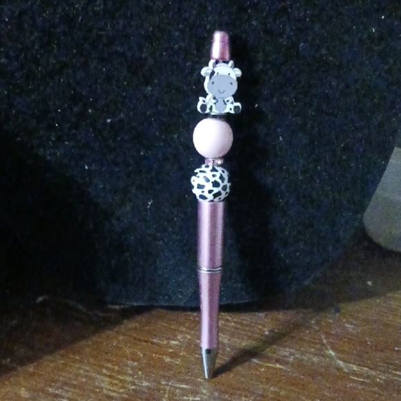 Handmade Pink Novelty Pen with Cow Print & Beads - Picture 1 of 3